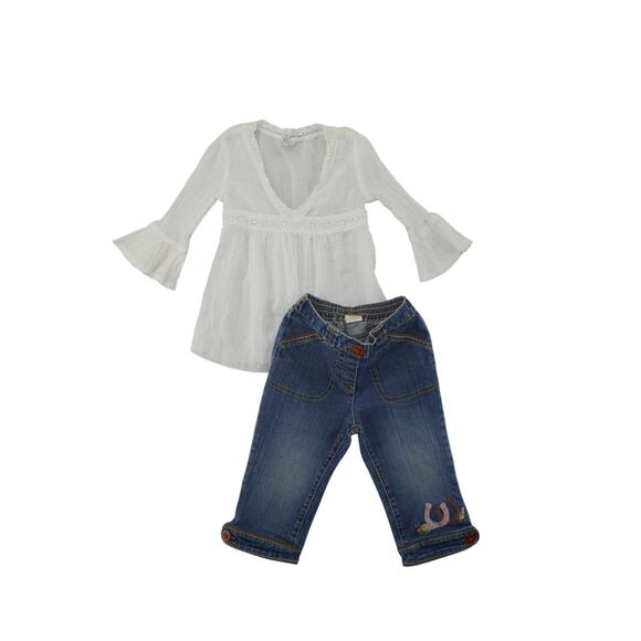 White Boho Blouse + Gymboree Embroidered Horseshoe Jeans Set 18–24 Months - Picture 1 of 7